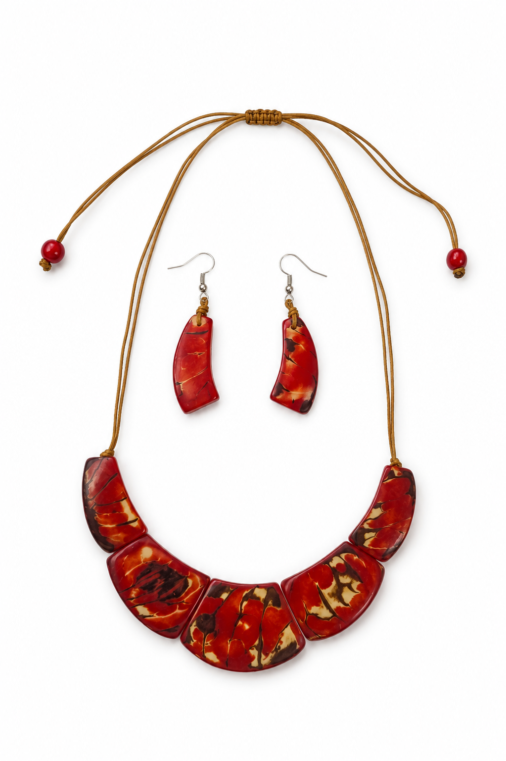 Conjunto de Collar y Pendientes de Tagua con Asaí – Rojo y Naranja