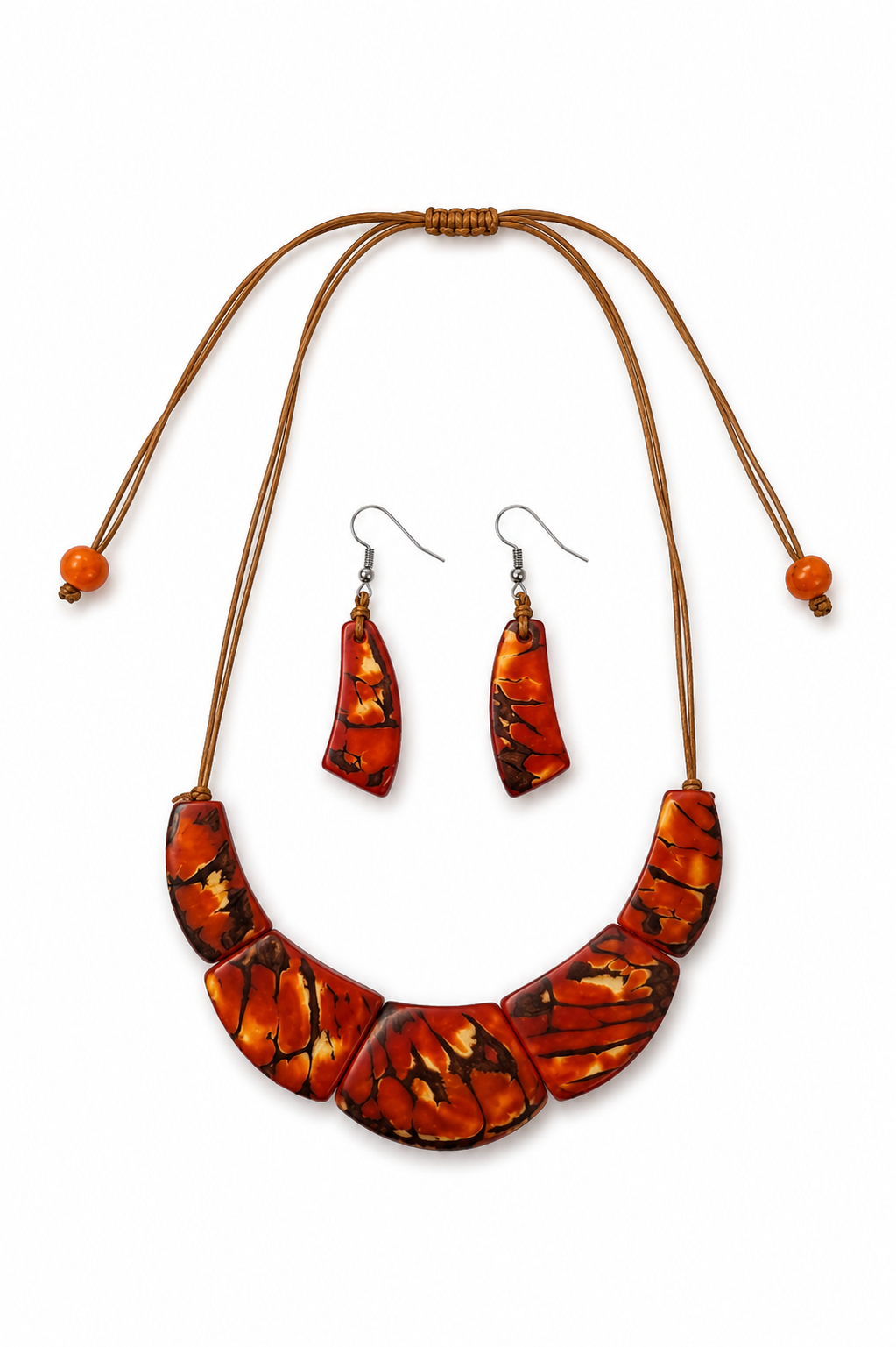 Conjunto de Collar y Pendientes de Tagua con Asaí – Rojo y Naranja